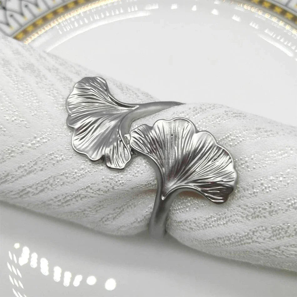Rynx | 4PCS Ginkgo Leaf Metal Napkin Ring, Pearl Flower Napkin Holder, for Wedding Valentine's Day Party Home Dining Room Table Decoration