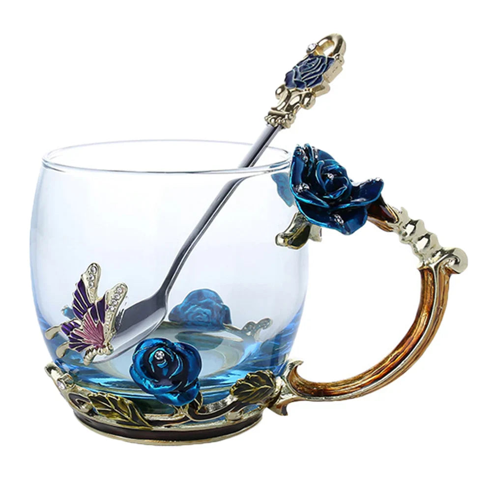 Lisslune | Handcrafted Enamel Coffee Mugs Rose-Glass Tea Cup with Steel Spoon Luxury Unique Gifts for Wedding Valentine's Day Birthday Gifts