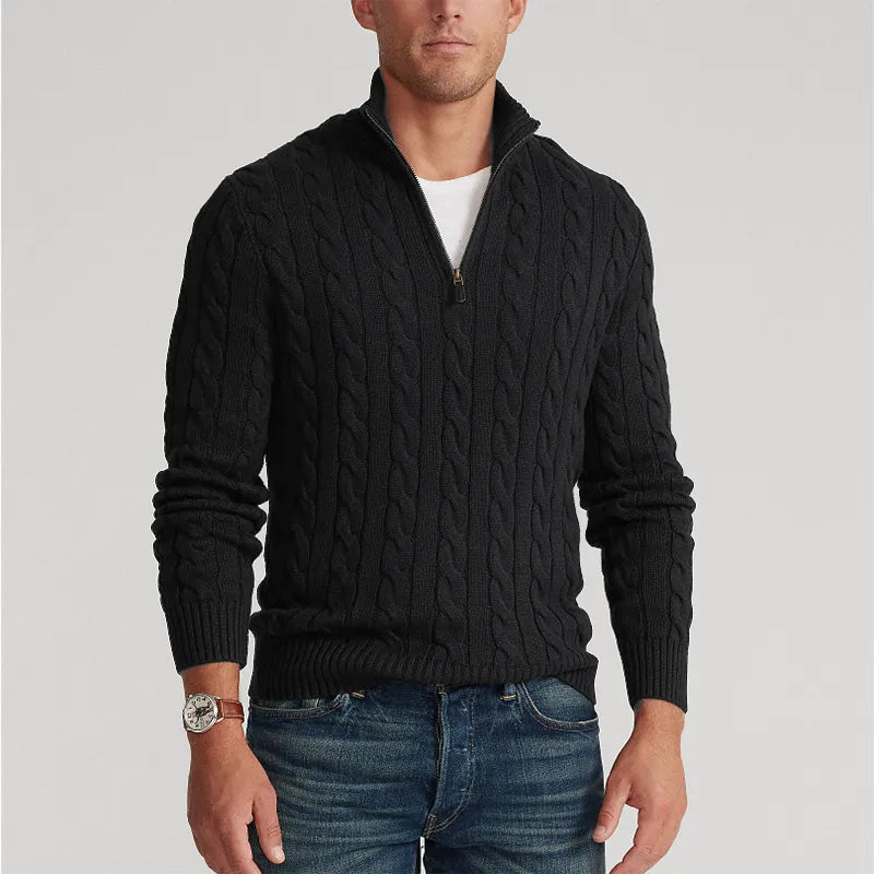 Lisslune | Zipper sweater for men | Stylish knit sweater in cable pattern with V-neck and zipper