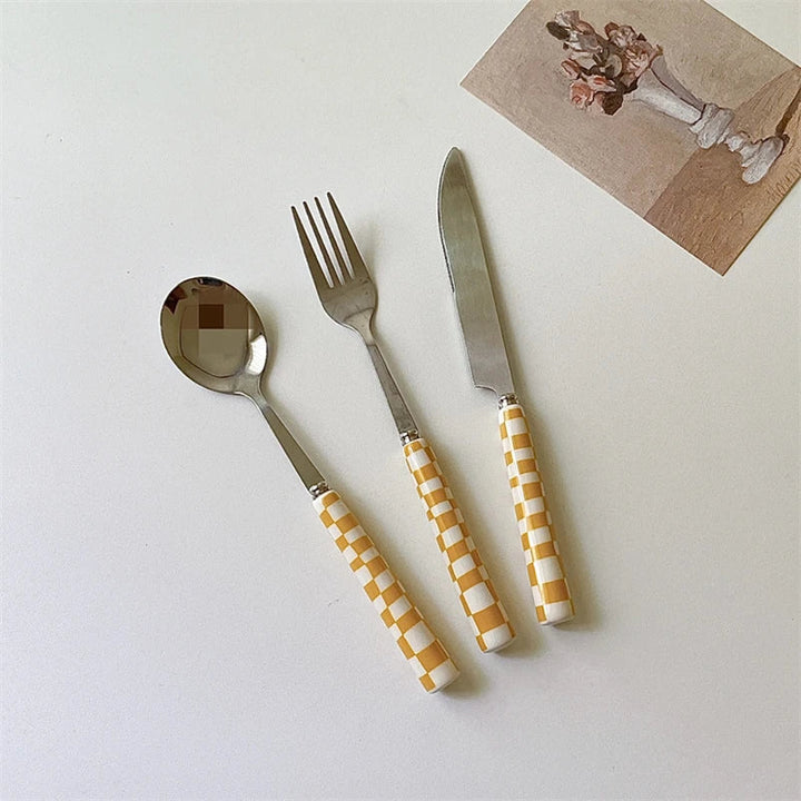 Rynx | Ins Style Dessert Steak Stainless Steel Knife Fork Spoon Cutlery Checkerboard Grid Glossy Ceramic Handle 3 Pieces/Set