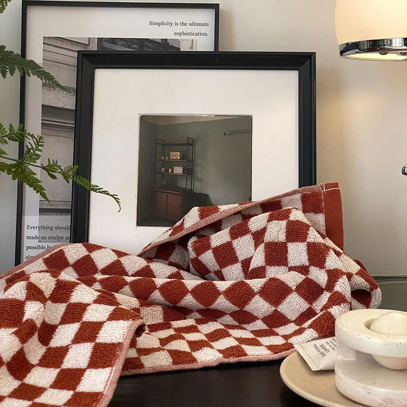 Rynx | Retro Checkerboard Plaid Long Staple Cotton Towel Soft Skin-Friendly Face Cloths Absorbent Bath Towel for Home & Hotel Supplies