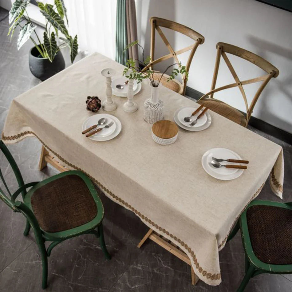 Rynx Linen Blend Tablecloth, Rectangular Fringe, Jute Rope Lace Dustproof Tablecloth, for Kitchen Dining Room Party Tea Table Decoration
