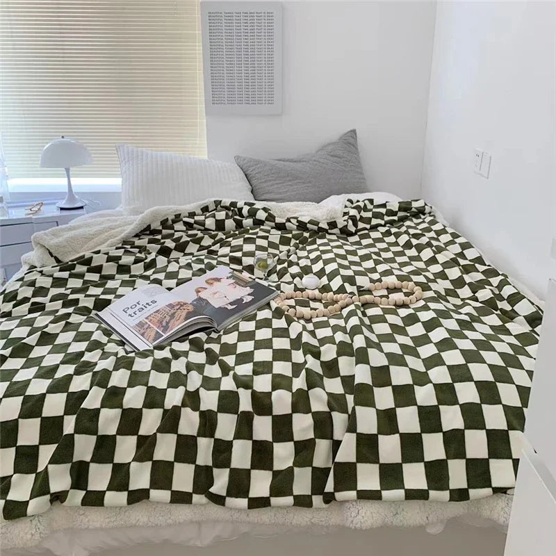 Rynx | Retro-Checkerboard-Plush-Throw-Blanket for Sofa, Chair, Nap, Double, Soft, Warm, Polar Fleece Blankets, Plaid Plush Bedspread