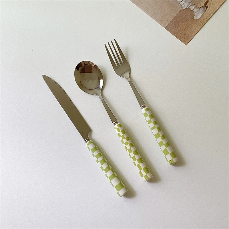 Rynx | Ins Style Dessert Steak Stainless Steel Knife Fork Spoon Cutlery Checkerboard Grid Glossy Ceramic Handle 3 Pieces/Set