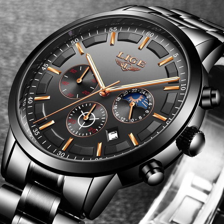 Lisslune | Military Black Steel Watch – Men's Stainless Steel Wristwatch with Day, Date & Night Display