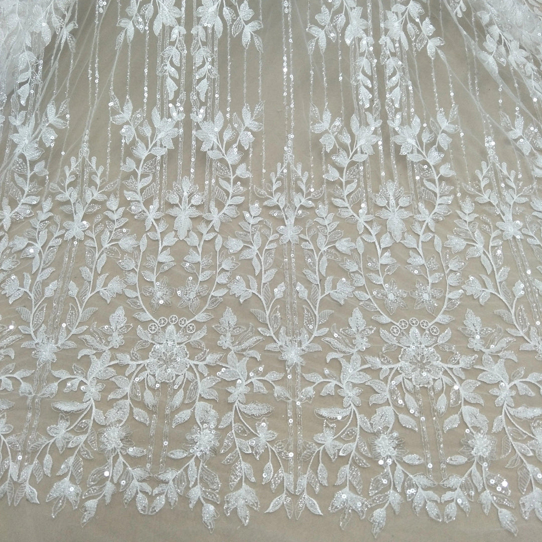 Lisslune | Luxurious Ivory Pearl Lace and Tulle Fabric for Bridal Wear - 130cm Width
