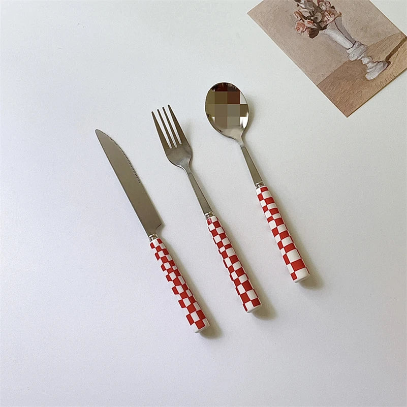 Rynx | Ins Style Dessert Steak Stainless Steel Knife Fork Spoon Cutlery Checkerboard Grid Glossy Ceramic Handle 3 Pieces/Set