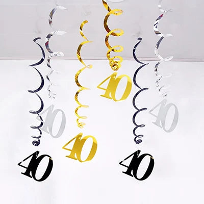 Rynx | 6 Pieces/Pack Spiral 18 21 25 30 40 50 60 70 80 90 Years Birthday Swirl Hanging Ornaments Black Gold Silver Birthday Deco