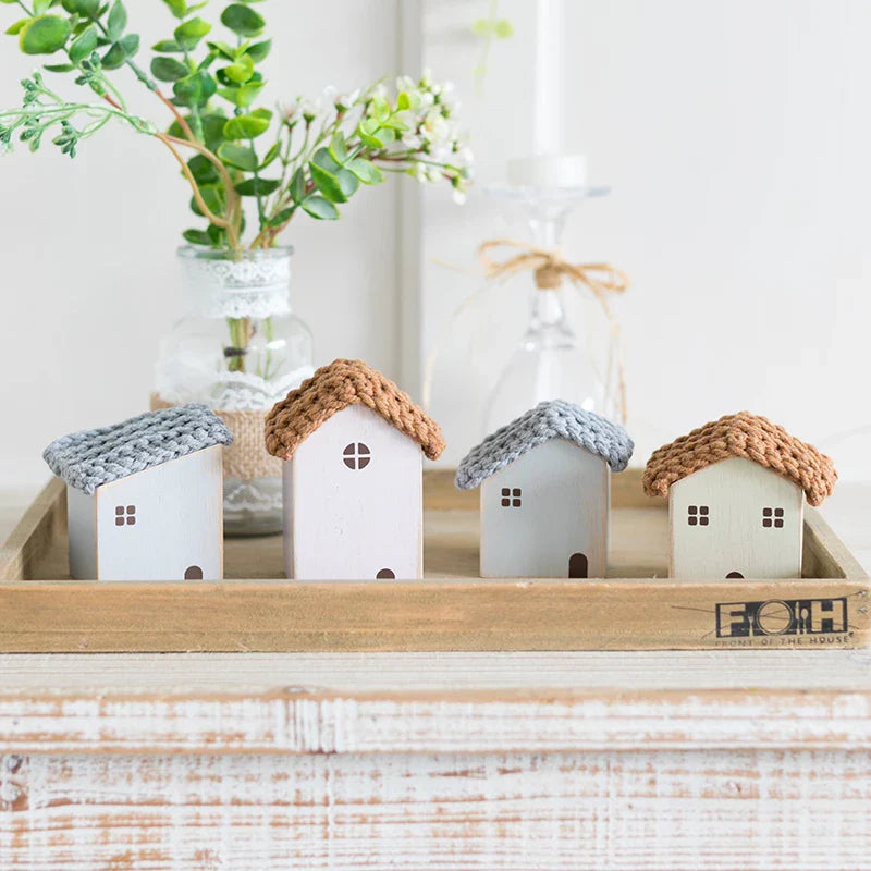 Rynx | Nordic Wooden House Ornaments Home Decor Wood Architecture with Woven Evidence Sweet Desk Miniature Craft Work Children's Room Decor
