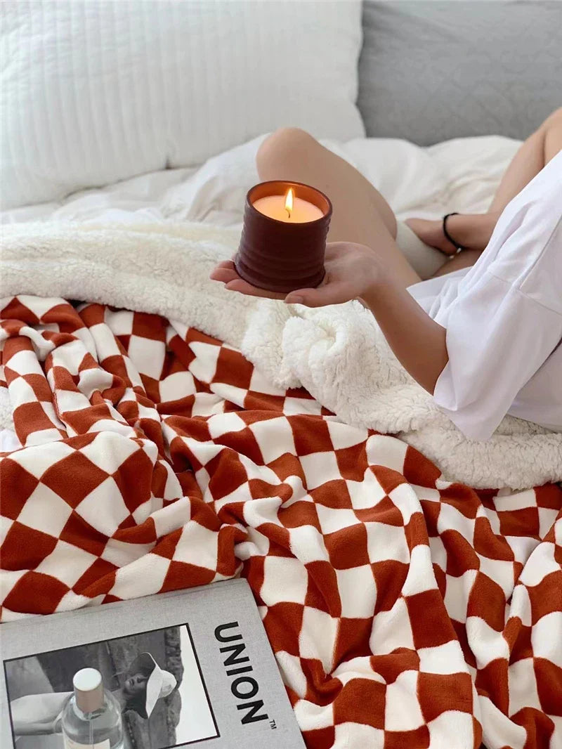 Rynx | Retro-Checkerboard-Plush-Throw-Blanket for Sofa, Chair, Nap, Double, Soft, Warm, Polar Fleece Blankets, Plaid Plush Bedspread