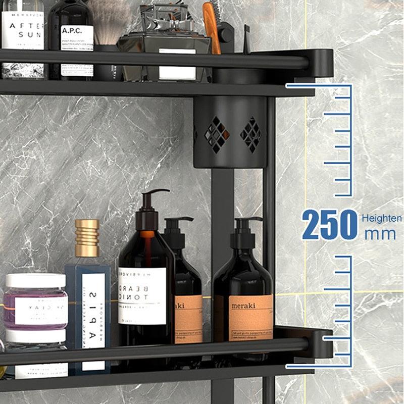 Lisslune | Modern black bathroom storage caddy made of stainless steel with towel holder and superior drainage system