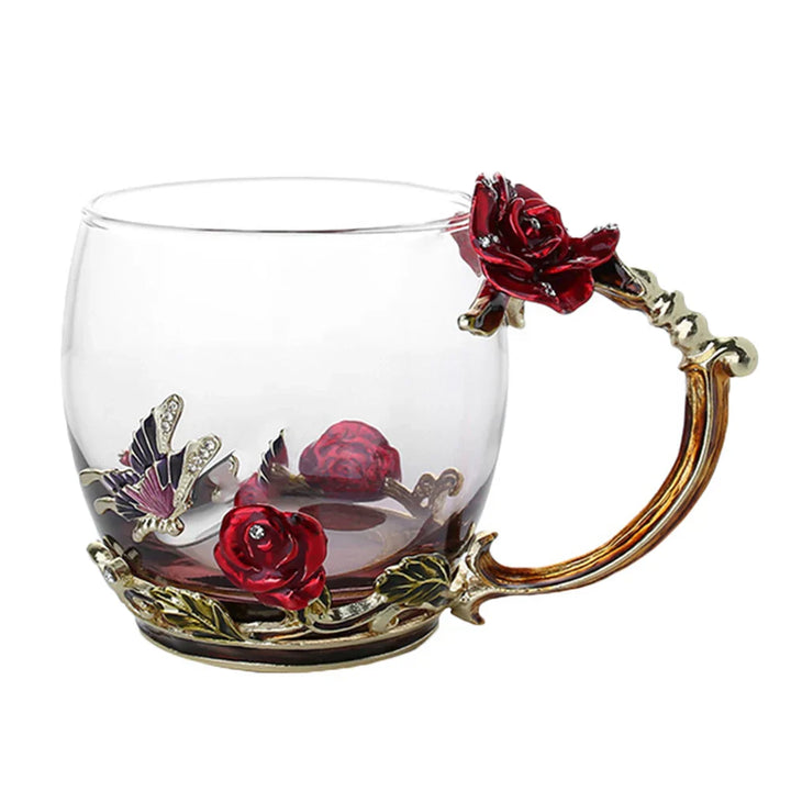 Lisslune | Handcrafted Enamel Coffee Mugs Rose-Glass Tea Cup with Steel Spoon Luxury Unique Gifts for Wedding Valentine's Day Birthday Gifts