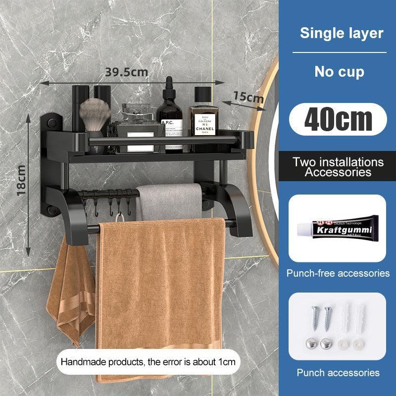 Lisslune | Modern black bathroom storage caddy made of stainless steel with towel holder and superior drainage system
