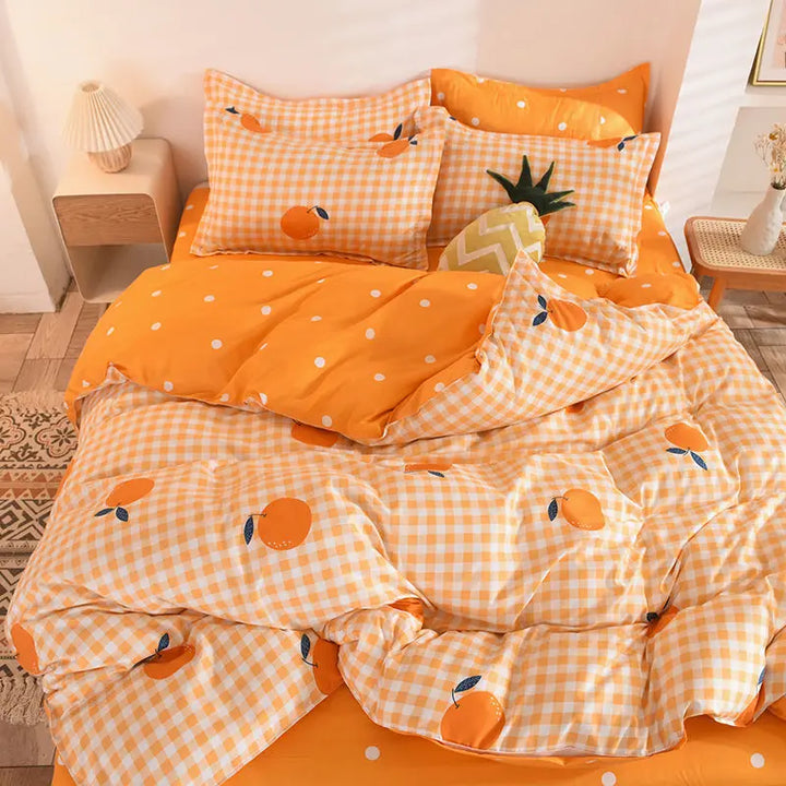 Rynx | Orange Bedding Set Girls Boys Bedding Sheet Plaid Duvet Cover No Filling 240x220 Single Double Queen King Bedding