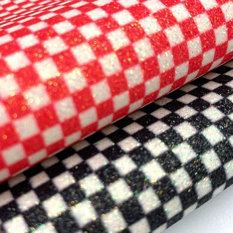 Lisslune | Glossy black-white checked synthetic leather craft fabric