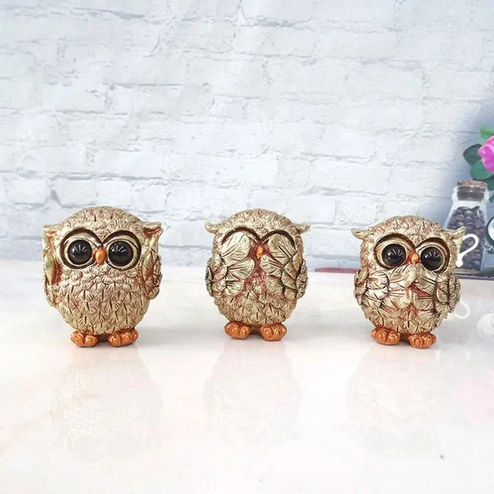 Lisslune | OWLUXE – Decorative sculpture in antique gold, handmade owl figure "See nothing, hear nothing, say nothing
