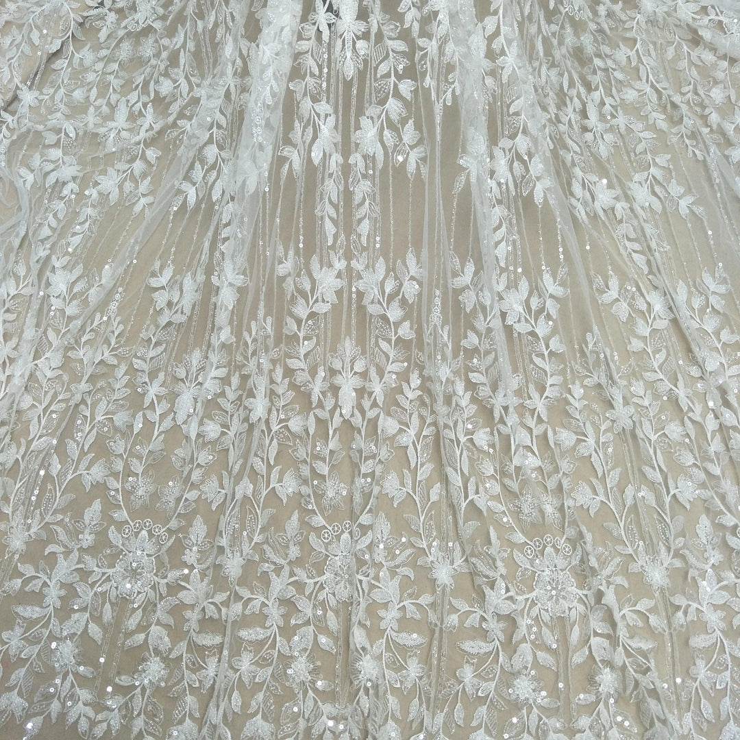 Lisslune | Luxurious Ivory Pearl Lace and Tulle Fabric for Bridal Wear - 130cm Width