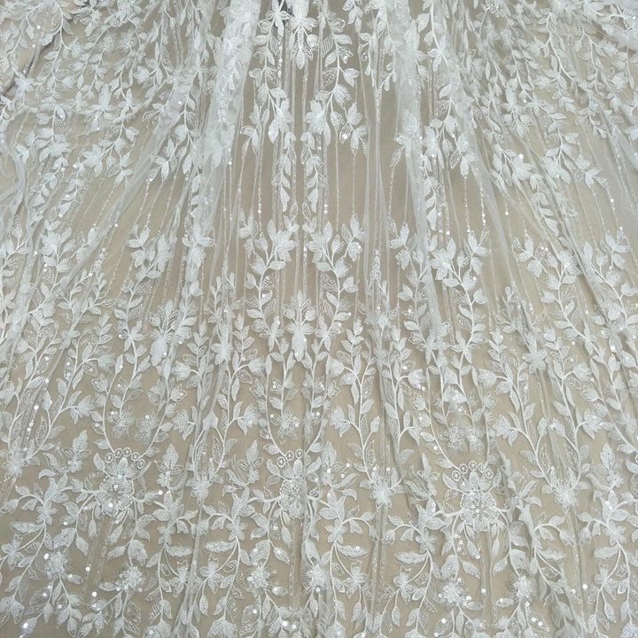 Lisslune | Luxurious Ivory Pearl Lace and Tulle Fabric for Bridal Wear - 130cm Width