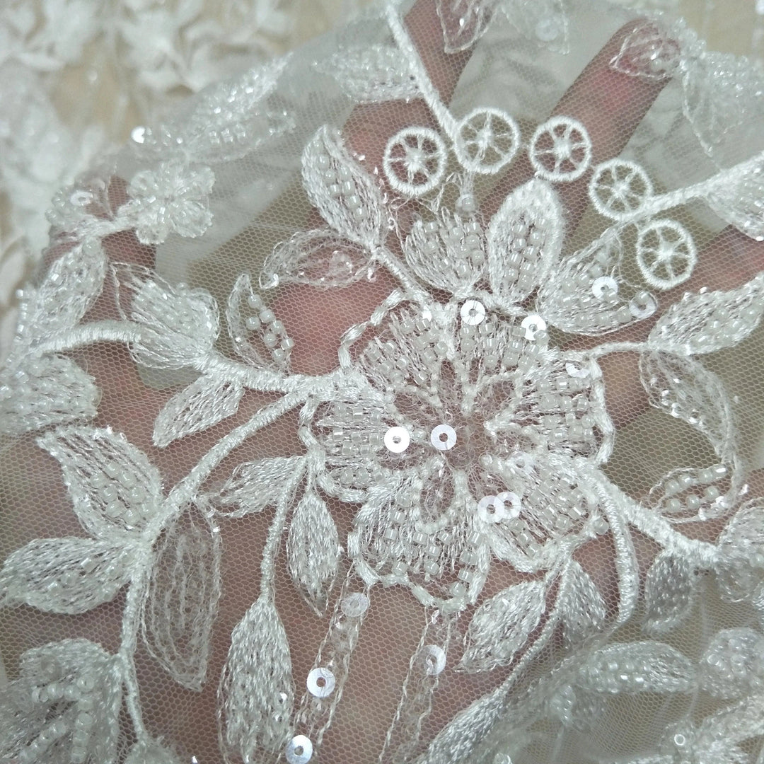 Lisslune | Luxurious Ivory Pearl Lace and Tulle Fabric for Bridal Wear - 130cm Width