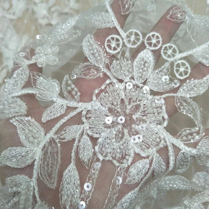 Lisslune | Luxurious Ivory Pearl Lace and Tulle Fabric for Bridal Wear - 130cm Width