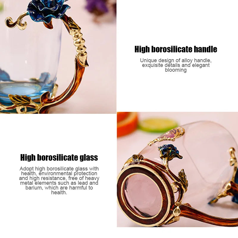Lisslune | Handcrafted Enamel Coffee Mugs Rose-Glass Tea Cup with Steel Spoon Luxury Unique Gifts for Wedding Valentine's Day Birthday Gifts
