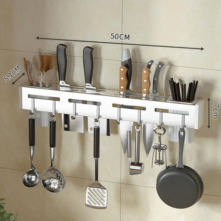 Lisslune | Organize Your Kitchen: Stainless Steel Wall-Mounted Knife Holder Shelf - Nail-Free Storage Shelf with Hooks for Cutlery - Cabinet Organizer for a Tidy Kitchen