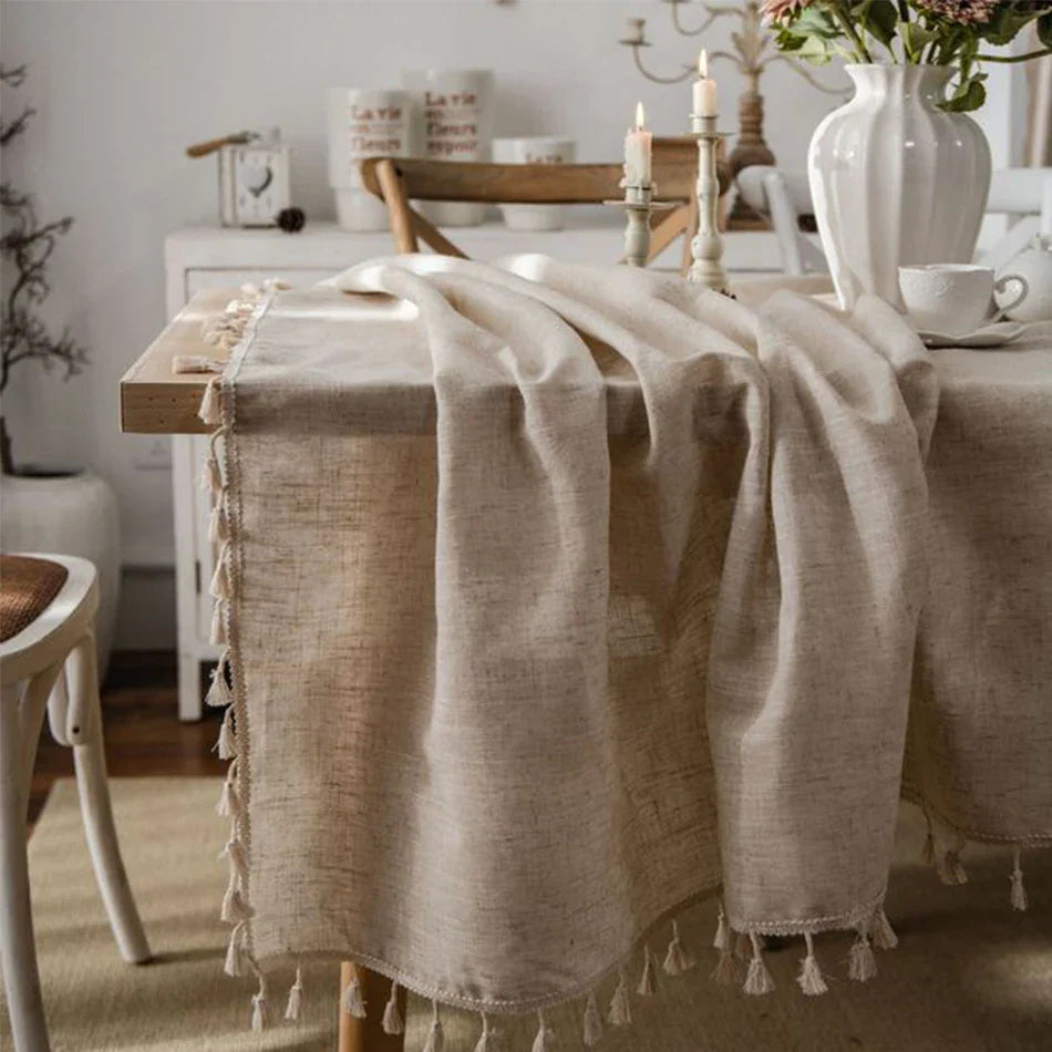 Rynx Linen Blend Tablecloth, Rectangular Fringe, Jute Rope Lace Dustproof Tablecloth, for Kitchen Dining Room Party Tea Table Decoration