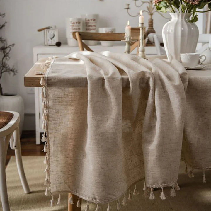 Rynx Linen Blend Tablecloth, Rectangular Fringe, Jute Rope Lace Dustproof Tablecloth, for Kitchen Dining Room Party Tea Table Decoration