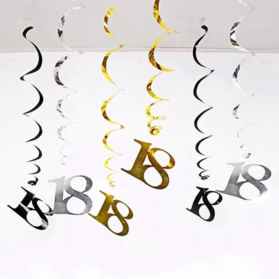 Rynx | 6 Pieces/Pack Spiral 18 21 25 30 40 50 60 70 80 90 Years Birthday Swirl Hanging Ornaments Black Gold Silver Birthday Deco