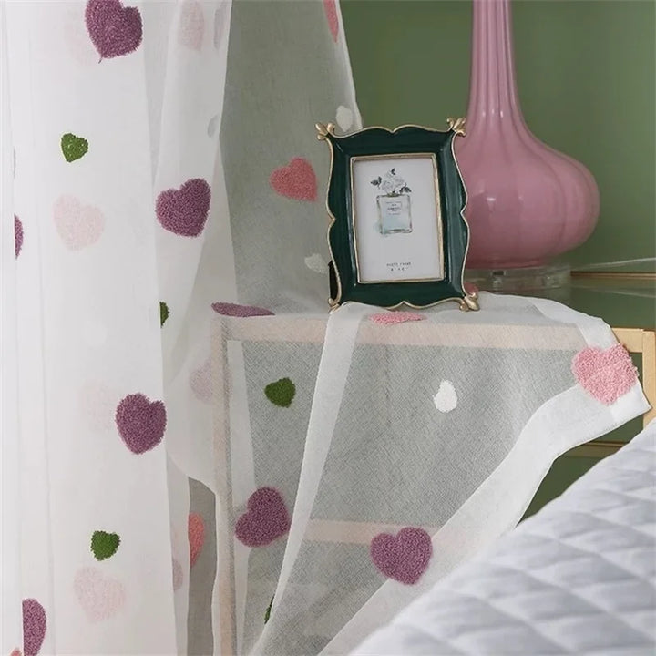 Rynx | Lovely Cartoon 3D Pink Heart Embroidery Tulle For Girls Bedroom Sweet Loving Transparent Curtains For Kids Living Room Custom Made Curtains