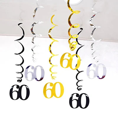Rynx | 6 Pieces/Pack Spiral 18 21 25 30 40 50 60 70 80 90 Years Birthday Swirl Hanging Ornaments Black Gold Silver Birthday Deco