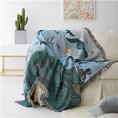 Rynx | Textile City Nordic Style Throw Blanket Mermaid Pattern Blanket for Bed Living Room Tapestry Carpet Sofa Bedspread Bedding