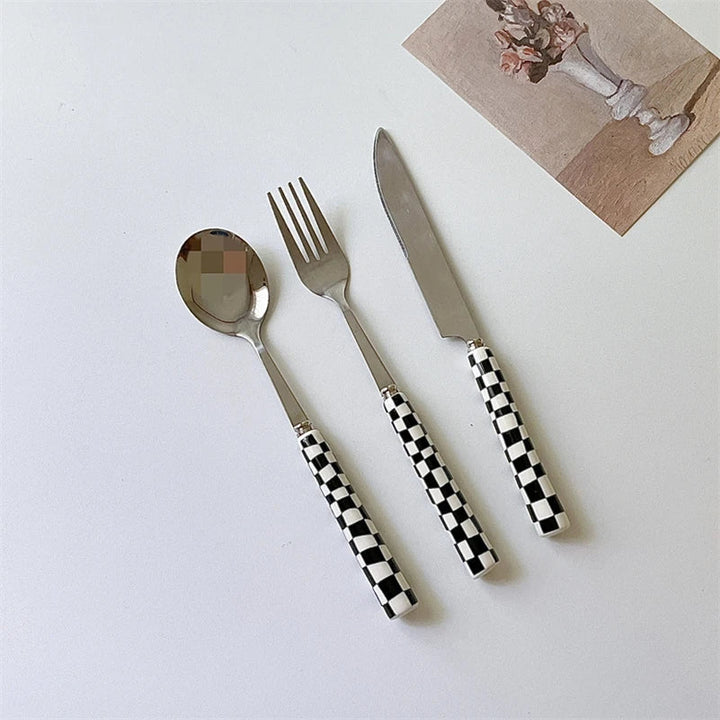 Rynx | Ins Style Dessert Steak Stainless Steel Knife Fork Spoon Cutlery Checkerboard Grid Glossy Ceramic Handle 3 Pieces/Set