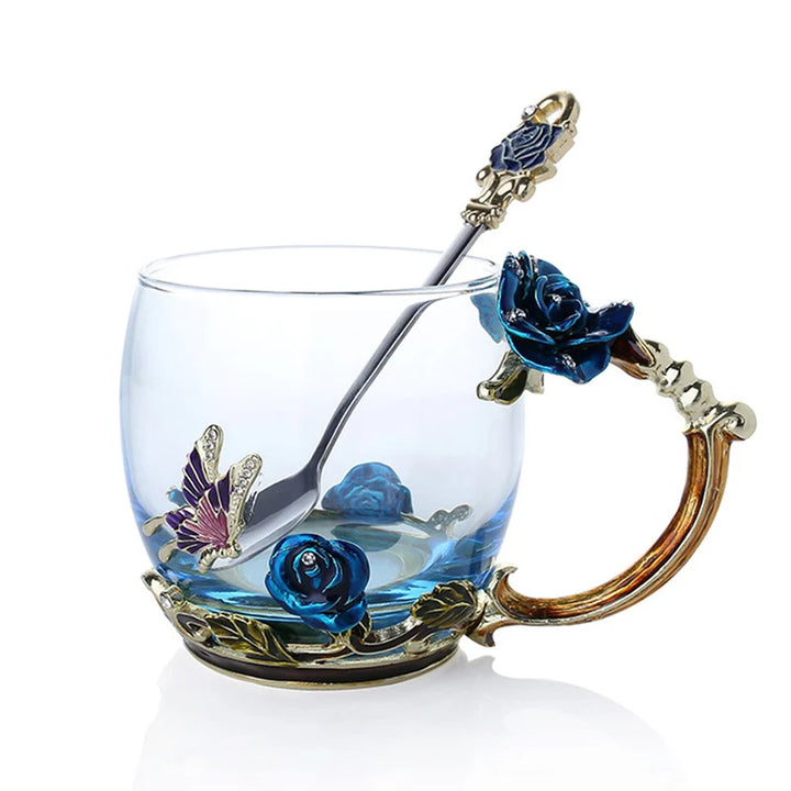 Lisslune | Handcrafted Enamel Coffee Mugs Rose-Glass Tea Cup with Steel Spoon Luxury Unique Gifts for Wedding Valentine's Day Birthday Gifts