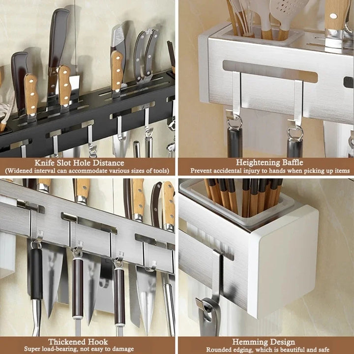Lisslune | Organize Your Kitchen: Stainless Steel Wall-Mounted Knife Holder Shelf - Nail-Free Storage Shelf with Hooks for Cutlery - Cabinet Organizer for a Tidy Kitchen