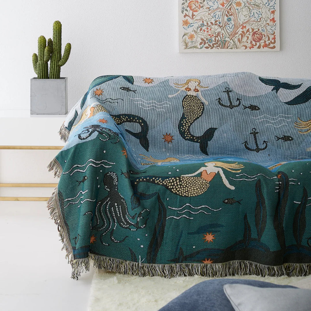 Rynx | Textile City Nordic Style Throw Blanket Mermaid Pattern Blanket for Bed Living Room Tapestry Carpet Sofa Bedspread Bedding