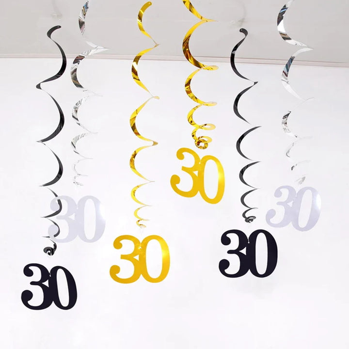 Rynx | 6 Pieces/Pack Spiral 18 21 25 30 40 50 60 70 80 90 Years Birthday Swirl Hanging Ornaments Black Gold Silver Birthday Deco