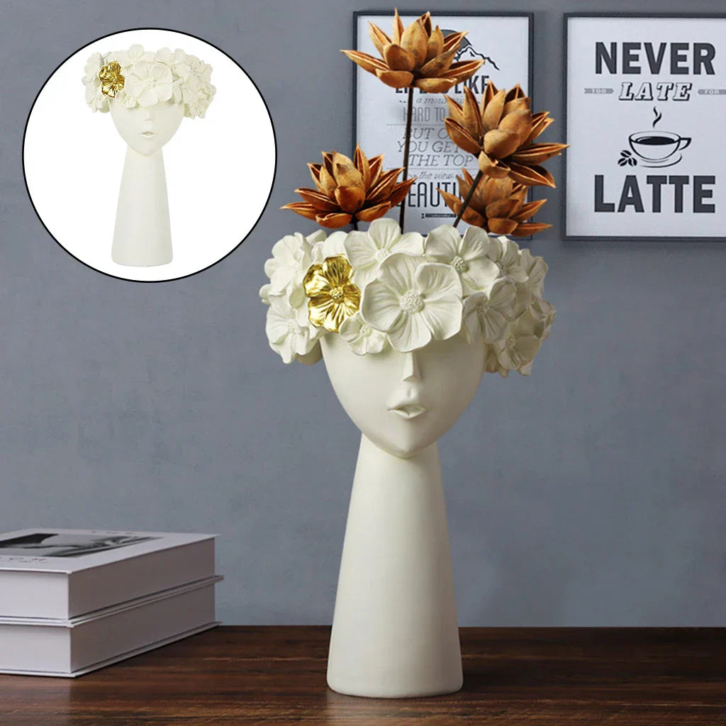 Lisslune | Nordic Girl Head Flower Resin Vase Statue Flower Vases for Office Desktop Dried Flowers Ornaments Decor Container