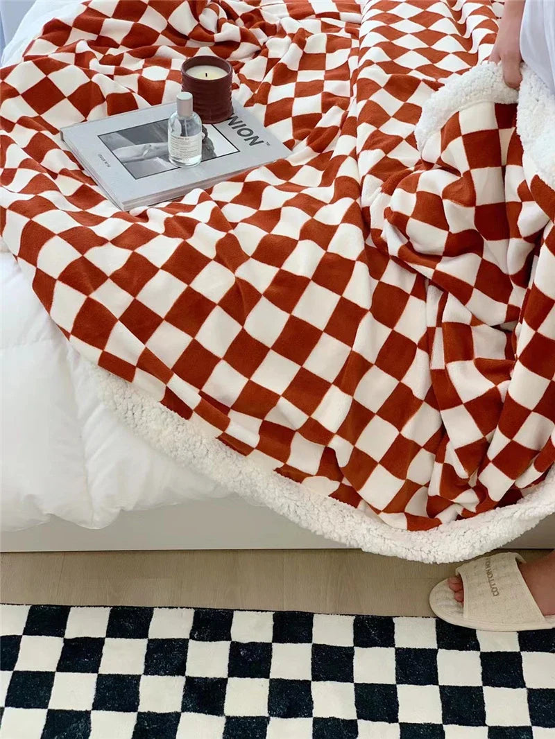 Rynx | Retro-Checkerboard-Plush-Throw-Blanket for Sofa, Chair, Nap, Double, Soft, Warm, Polar Fleece Blankets, Plaid Plush Bedspread