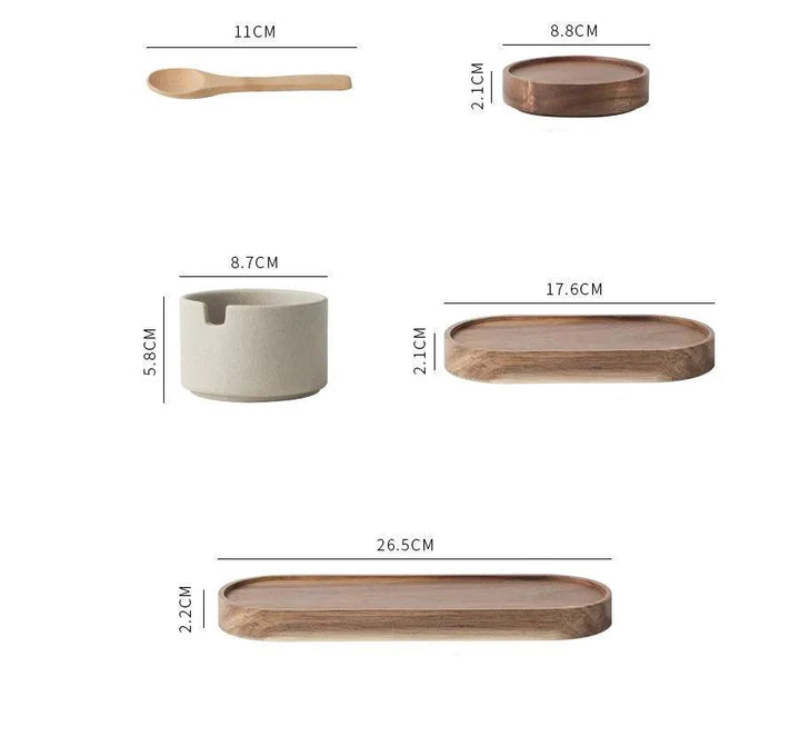 Lisslune | Vintage Japanese Ceramic Spice Storage Set with Acacia Wood Tray