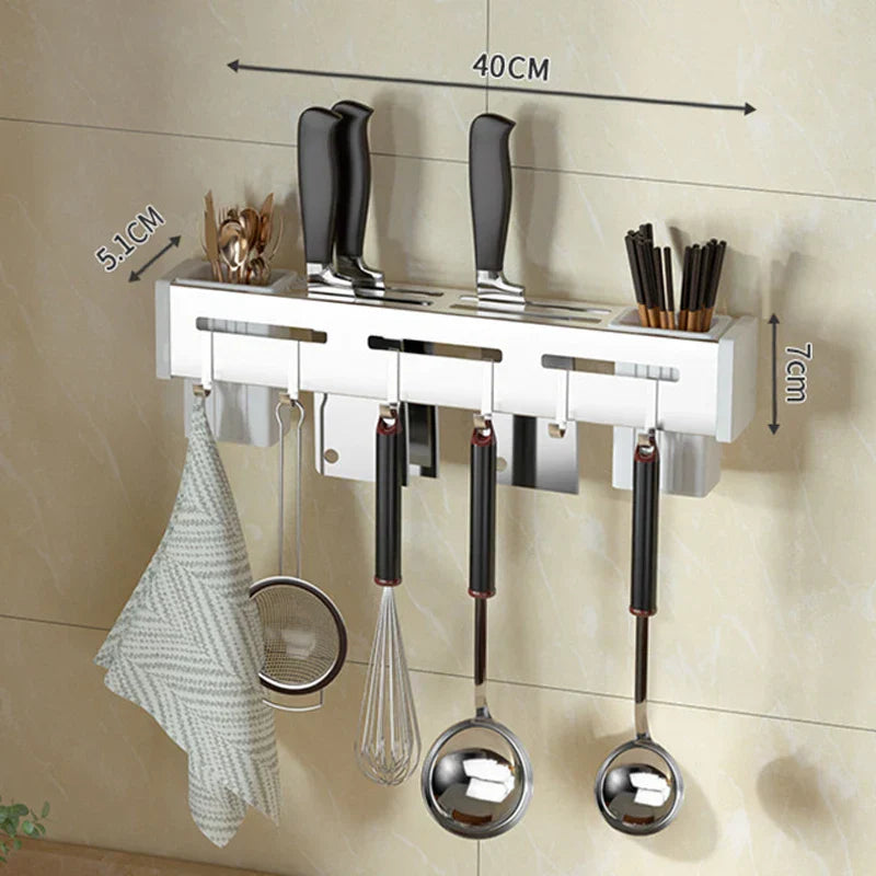 Lisslune | Organize Your Kitchen: Stainless Steel Wall-Mounted Knife Holder Shelf - Nail-Free Storage Shelf with Hooks for Cutlery - Cabinet Organizer for a Tidy Kitchen