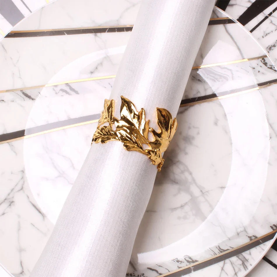Rynx | 4PCS Ginkgo Leaf Metal Napkin Ring, Pearl Flower Napkin Holder, for Wedding Valentine's Day Party Home Dining Room Table Decoration