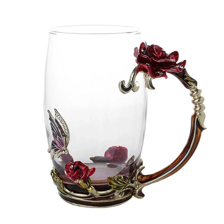 Lisslune | Handcrafted Enamel Coffee Mugs Rose-Glass Tea Cup with Steel Spoon Luxury Unique Gifts for Wedding Valentine's Day Birthday Gifts