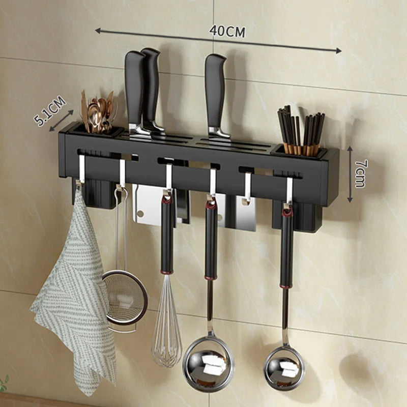 Lisslune | Organize Your Kitchen: Stainless Steel Wall-Mounted Knife Holder Shelf - Nail-Free Storage Shelf with Hooks for Cutlery - Cabinet Organizer for a Tidy Kitchen