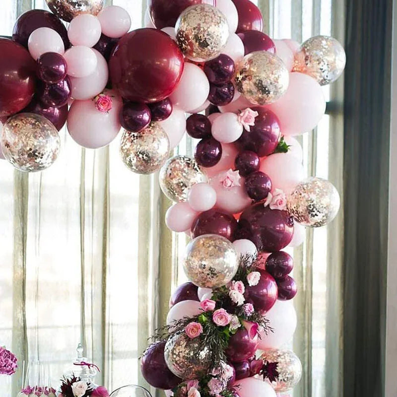 Rynx | 134 Piece Burgundy Pink Balloons Arch Garland Set Gold Confetti Balloons Valentine's Day Decoration New Year's Decoration