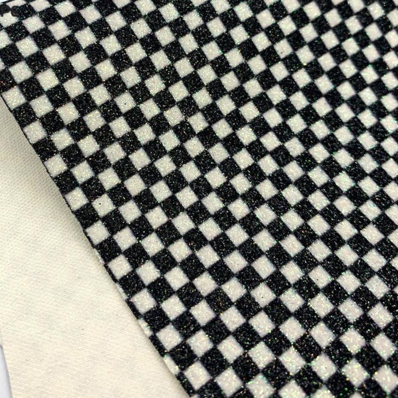 Lisslune | Glossy black-white checked synthetic leather craft fabric