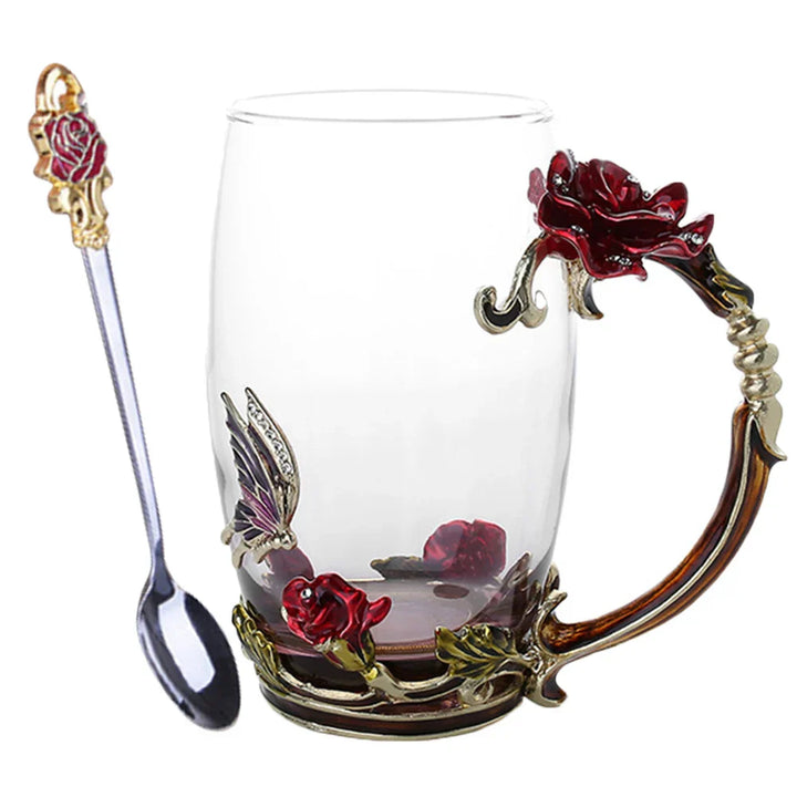 Lisslune | Handcrafted Enamel Coffee Mugs Rose-Glass Tea Cup with Steel Spoon Luxury Unique Gifts for Wedding Valentine's Day Birthday Gifts