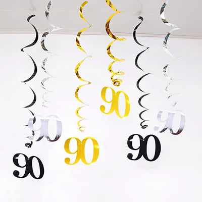 Rynx | 6 Pieces/Pack Spiral 18 21 25 30 40 50 60 70 80 90 Years Birthday Swirl Hanging Ornaments Black Gold Silver Birthday Deco