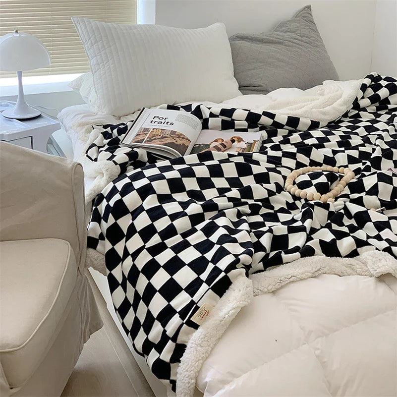Rynx | Retro-Checkerboard-Plush-Throw-Blanket for Sofa, Chair, Nap, Double, Soft, Warm, Polar Fleece Blankets, Plaid Plush Bedspread