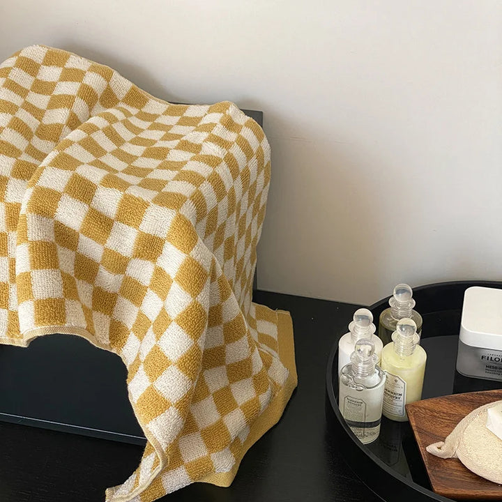 Rynx | Retro Checkerboard Plaid Long Staple Cotton Towel Soft Skin-Friendly Face Cloths Absorbent Bath Towel for Home & Hotel Supplies